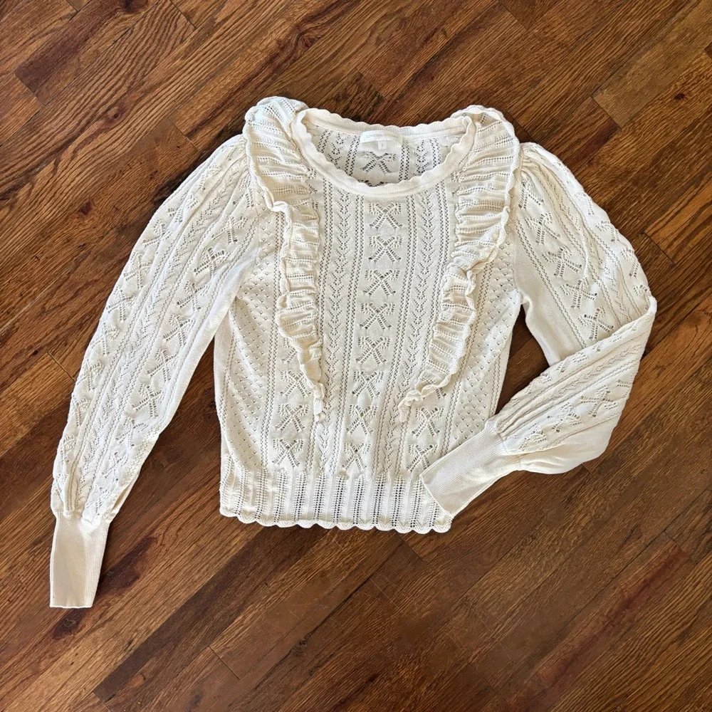 LoveShackFancy Women’s Ancora Ruffle Pointelle Knit Sweater - Picture 3 of 8